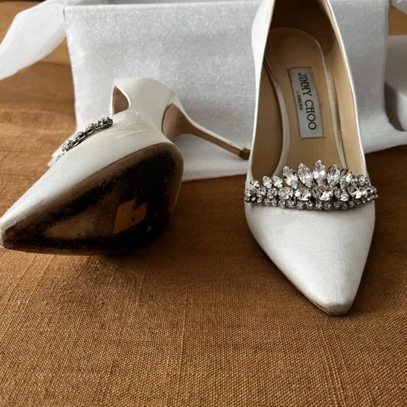 Jimmy Choo Women's White Romy 85 Ivory Satin Pointy Toe Pumps With Crystal Tiara